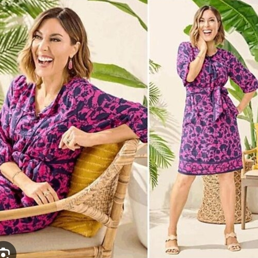 Studio Park x Amy Stran Tall Textured Cotton Dress with Belt Floral Pink XL